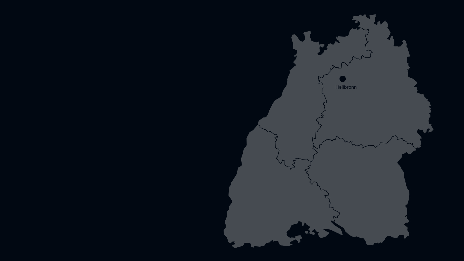 Stilisierte Karte von Baden Würtemberg mit den Landesrgierungskreisen, Freiburg, Karlsruhe, Stuttgart, Tübingen und einer Markierung der Stadt Heilbronn